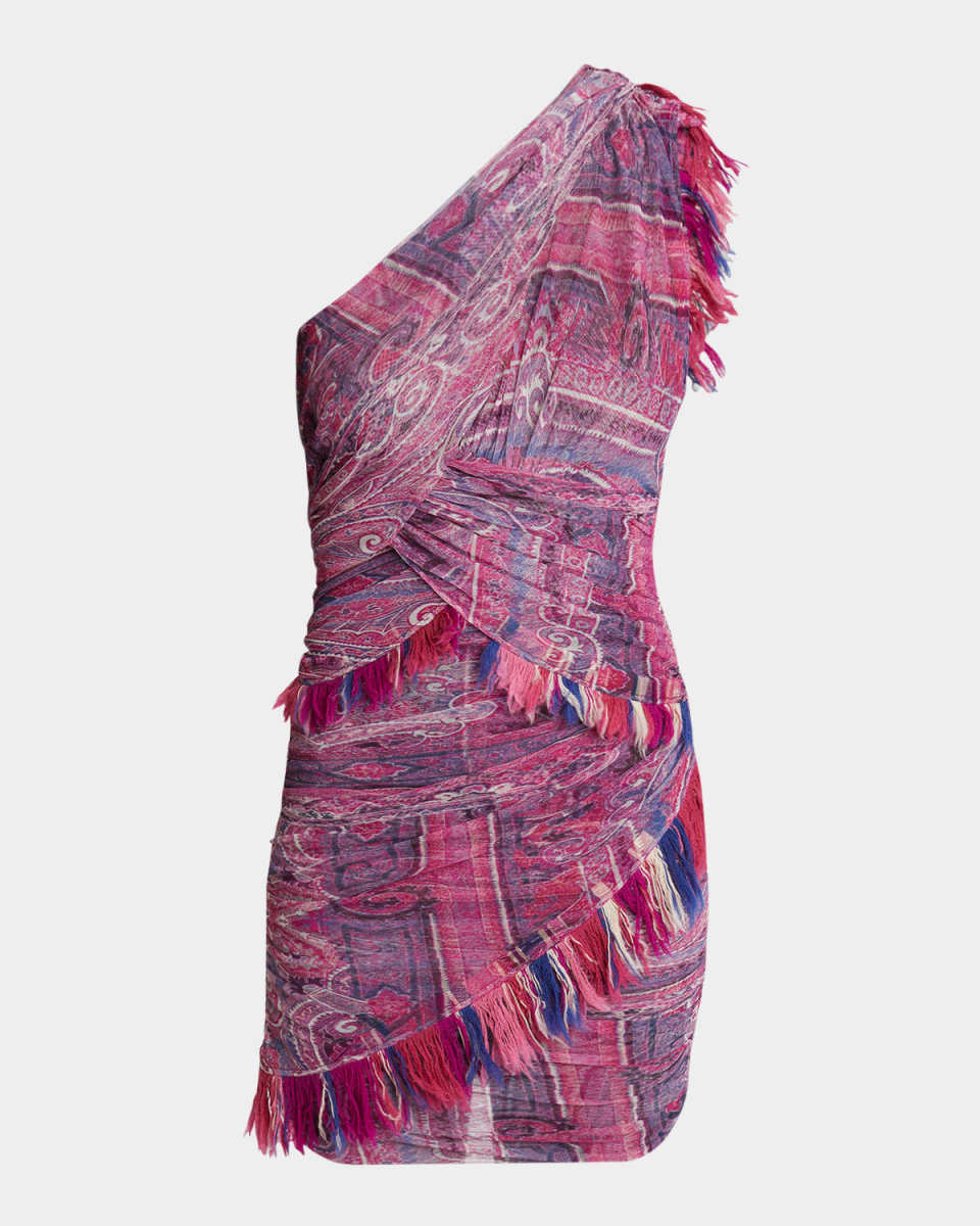 Dessia Printed One-Shoulder Fringe Mini Dress
